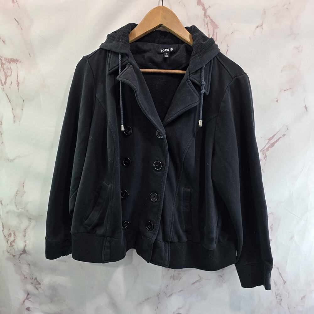 Torrid Sweatshirt Jacket Womens 2 2X Black Hoodie Button Crop Knit